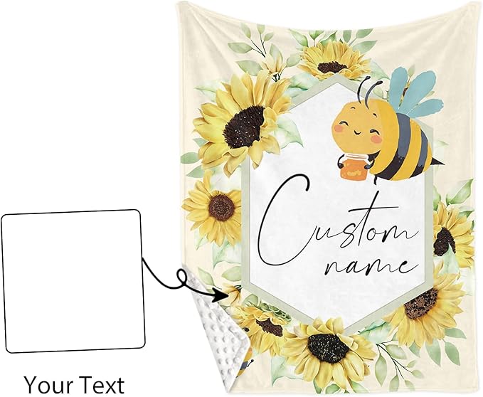 Custom Name Crib Bedding Set 3-Piece – Yellow Bee Design Baby Bedding Set with Personalized Soft Blanket, Fitted Sheet, Changing Pad Cover – Ideal Newborn Gift for Boys and Girls
