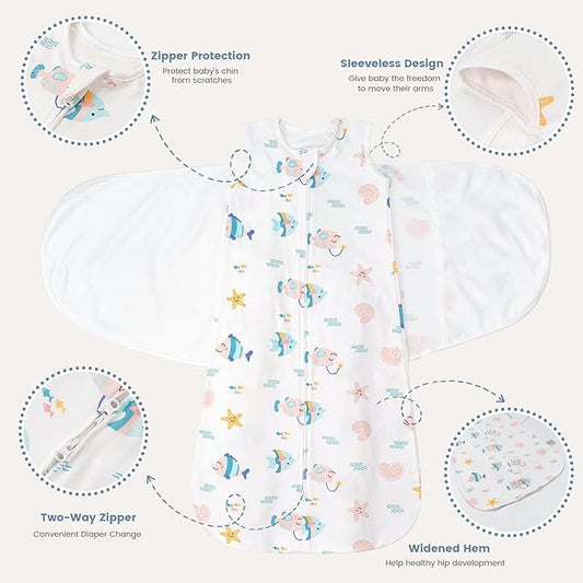 ZIGJOY Sleep Sack Swaddle 1.0 Tog Baby Wearable Blanket 100% Cotton Baby Swaddle Blanket for Newborns 0-6 Months Ocean&Pink