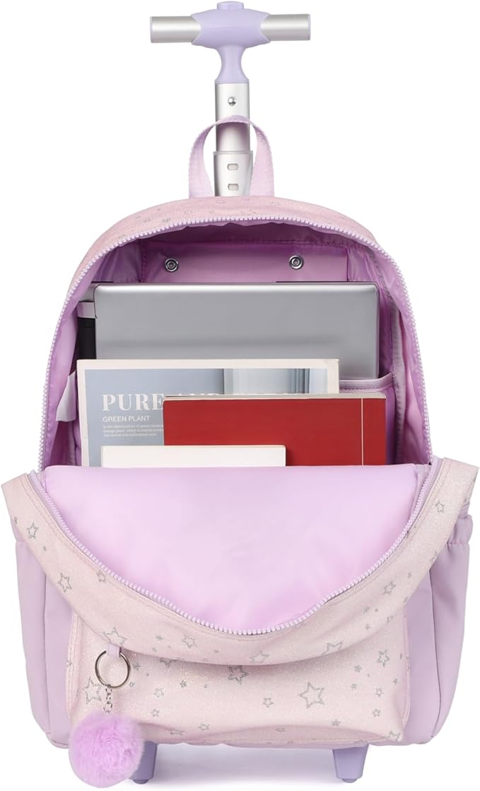 kingdisen Kids Backpack for Girls Luggage School Trolley Bag with Lunch Box 3pc Set (HEY PURPLE)