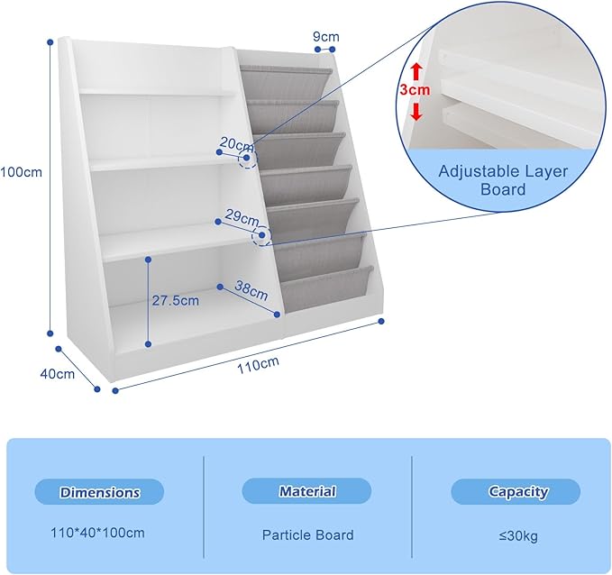 HedoAjim White Kids Bookshelf Wood Toy Storage Organizer Cabinet Children Bookcase Toddler Baby Sling Book Rack Adjustable Shelf for Playroom Bedroom Nursery Hallway School Kindergarten