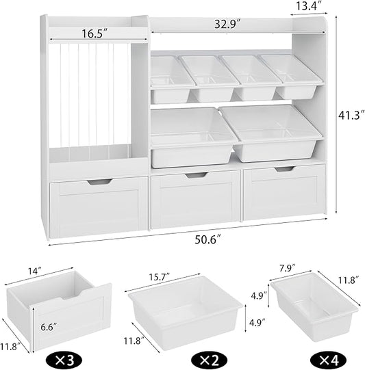 VortinT Kids Stuffed Animal Storage, 50.6" W x 41.3" H Large Toy Organizer Shelf with 6 Plastic Bins, 3 Rolling Drawers, Wooden Toddler Toy Organization Shelves for Play Room, Nursery(White)