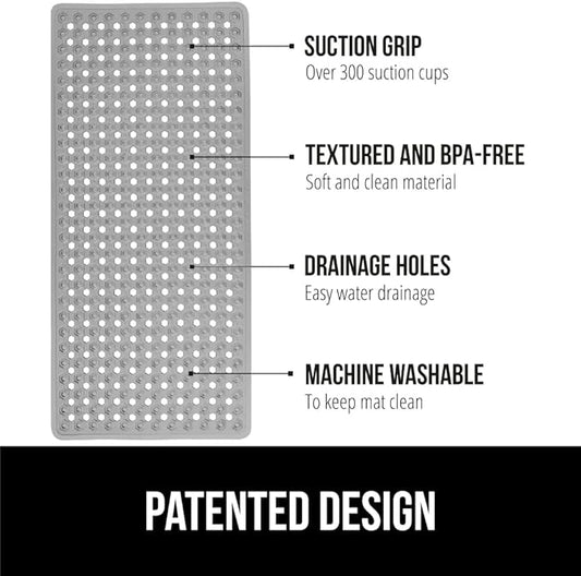 GORILLA GRIP Patented Bath Tub Shower Mat, Machine Washable Bathtub Floor Liner Mats, Suction Cups and Drain Holes to Keep Tubs Clean, Soft on Feet, Bathroom Essentials, 35x16 Inch, Gray Opaque