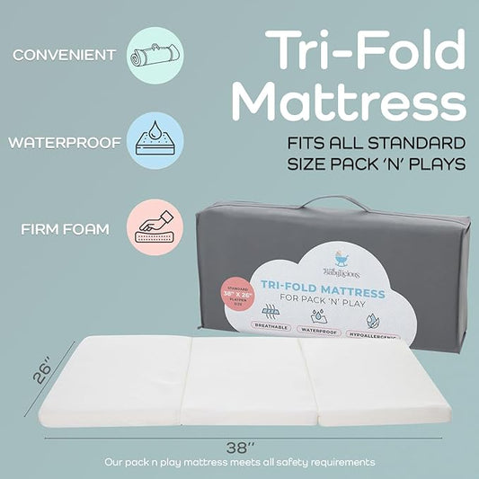 Babylicious Waterproof Pack and Play Mattress Topper | 38" x 26" x 1.5" | Trifold Style - Breathable Soft Plush Foam - Portable Mattress Topper - Baby Foam Mattresses for Babies