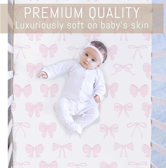 Pastel Pink Bows Baby Crib Sheets for Boys Girls Preppy Girly Ribbons Soft Snug Fitted Crib Mattress Covers for 52''x28'' Standard Crib & Toddler Mattress Cute Valentine Bows Nursery Bed Sheets