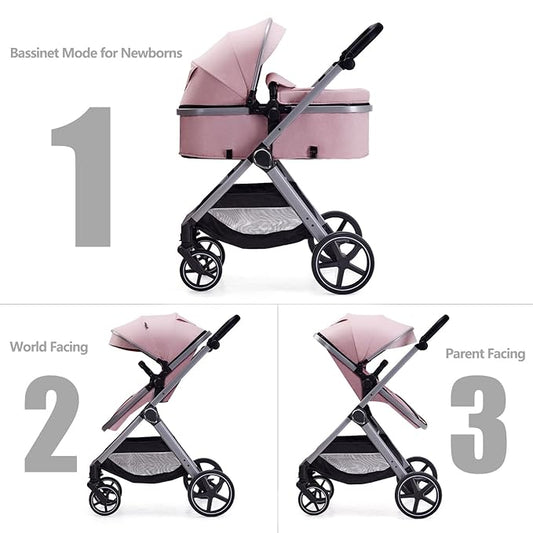 2 in 1 Baby Stroller, Newborn Infant Toddler Convertible Pram Stroller for 0-36 Months Old Babies (Pink)