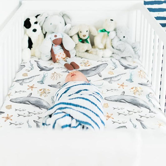 GRSSDER Stretchy Ultra Soft Jersey Knit Fitted Crib Sheets Set 2 Pack, Fit All Standard Crib Mattresses Safe and Snug, Beautiful Marine Organism for Boys and Girls