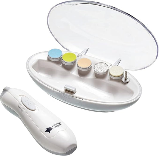 Tommee Tippee Electric Baby Nail File, with Six Filing Heads for Baby and Adult Use, Battery-Powered Infant Nail Clipper with LED Light and Adjustable Speed and Direction Settings