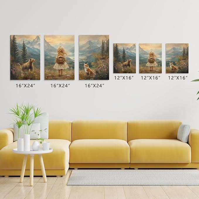 Girls' Adventure Nursery Decor, Set of 3 Framed Canvas Wall Art, Wilderness & Baby Animal Prints for Kids Room, Mountain Woodland Nursery Wall Art, Baby Girl's Nature Landscape Wall Decor, 16"x24"