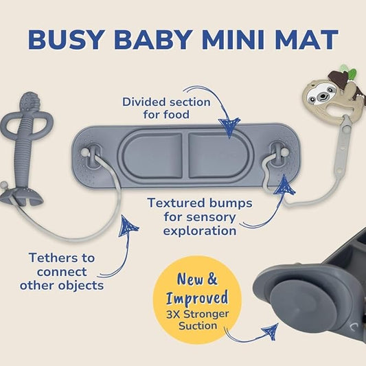 BUSY BABY Silicone Mini Mat - New and Improved Suction Cups, 2 Straps to Secure Baby Essentials, Self Feeding, Baby Led Weaning, Travel Wet Bag Included (Spearmint Mini)