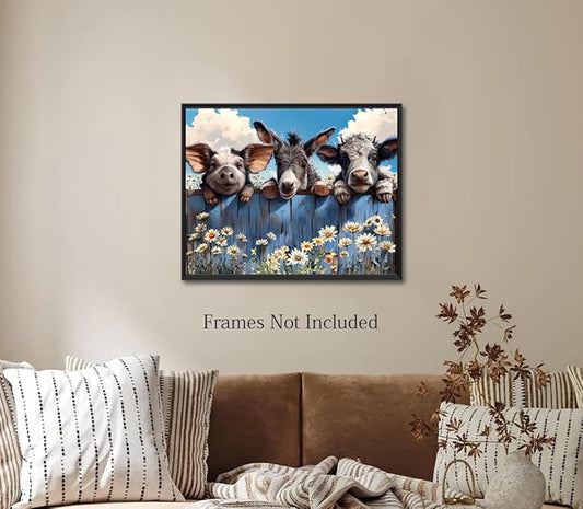LNLAGBO Farm Animals Canvas Wall Art,Funny Farm Animals Bathroom Decor,Rustic Farmhouse Donkey Pig and Baby Cow Looking Over Fence Canvas Print for Bedroom Living Room Kitchen(11''x14''Unframed)