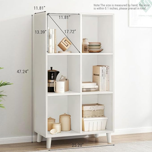 IOTXY Open Cube Low Bookcase - 3-Tier Freestanding Storage Display Cabinet Organizer with Legs for Home Office, 6-Cubes Open Shelf Short Bookshelf, White