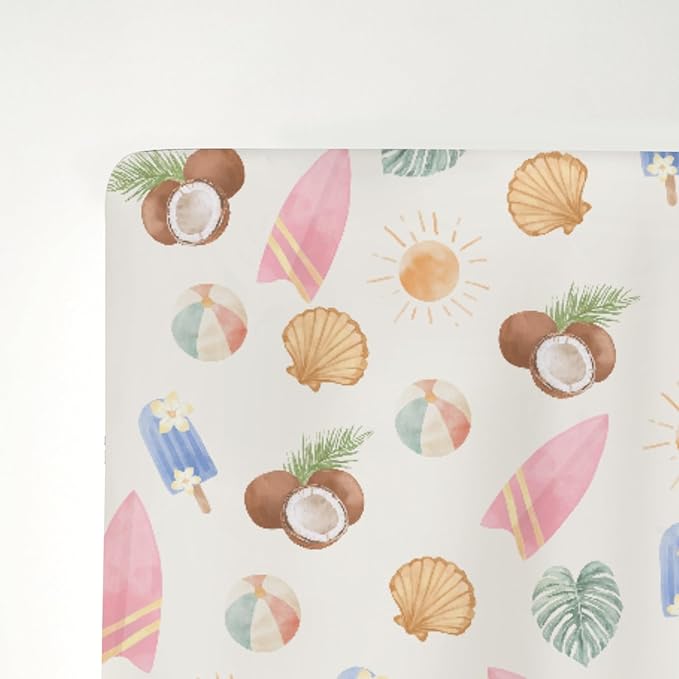 Neutral Summer Beach Baby Crib Sheets for Boy Girl 52x28Inch Surfboard Coconut Seashells Sun Balls Soft Snug Fitted Crib Mattress Cover Seaside Holiday Baby Sheet for Crib and Toddler Bed Mattress