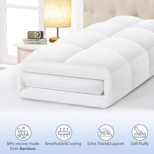 ELEMUSE Twin Cooling Bamboo Viscose Mattress Topper for Back Pain, Extra Thick Mattress Pad Cover, Plush Soft Pillowtop with Elastic Deep Pocket, Overfilled Down Alternative Filling