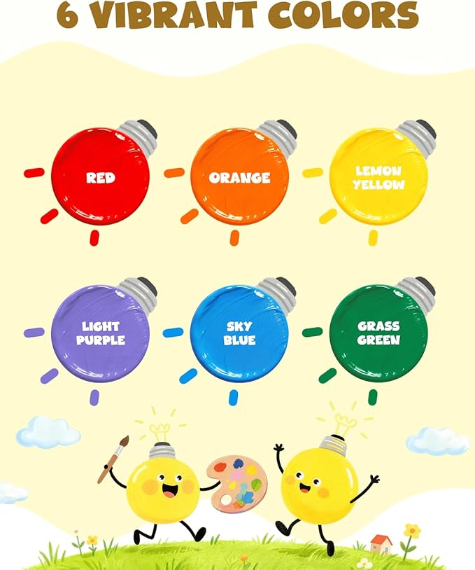 JUPITEARTH 6 Colors Washable Tempera Paint for Kids, 4.06oz(120ml) Non Toxic Finger Paint for Toddlers, Set Included Brush, Cups, Art Smock