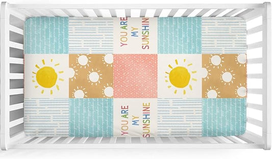 Colorful Boho Sun Baby Crib Sheet 52''x28'' Cute Sunshine Stripes Stretchy Fitted Mattress Sheets for Boy Girl Letters Quote Nursery Toddler Bed Sheets for Standard and Toddler Mattress