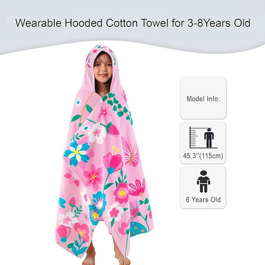 VOOVA & MOVAS Todder Beach Towel with Hood, (3-8 Years, 30''X50),Absorbent 100% Cotton Towel Wrap for Boys, Perfect for Toddler Beach, Pool, Bath, Swimming, Flower Butterfly