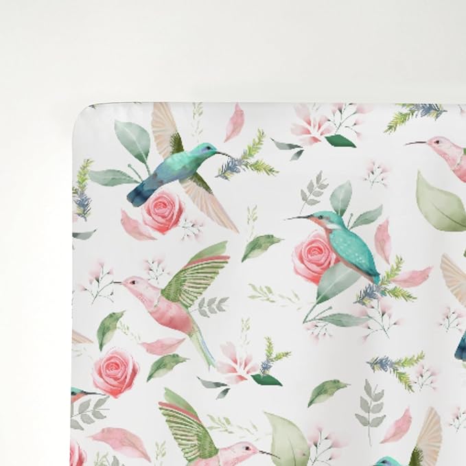 Hummingbird Greenery Floral Baby Crib Sheets for Boy Girl 28"x52" Spring Birds Leaves Soft Snug Fitted Crib Mattress Cover Forest Animals Nursery Baby Sheet for Standard Crib & Toddler Mattress Pad