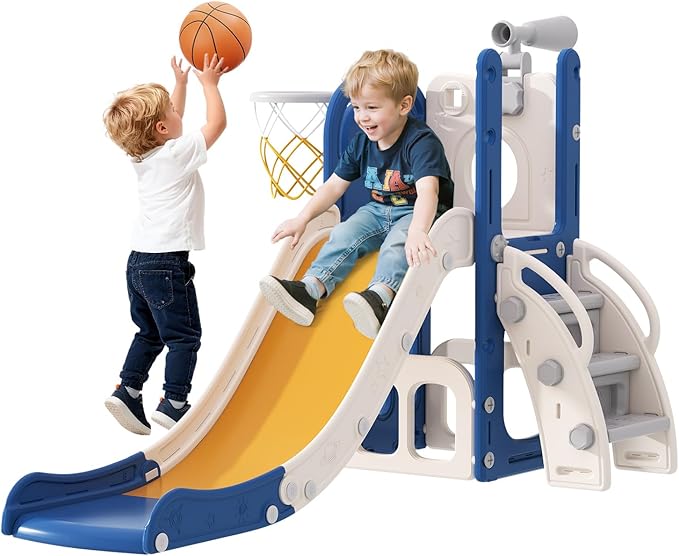 Babytronic Toddler Slide, 6 in 1 Kids Indoor Slide for Toddlers 1-3, Baby Indoor and Outdoor Climber Playset, Kids Slide with Basketball Hoop and Telescope, Toddler Outdoor Playground (Blue&Yellow)