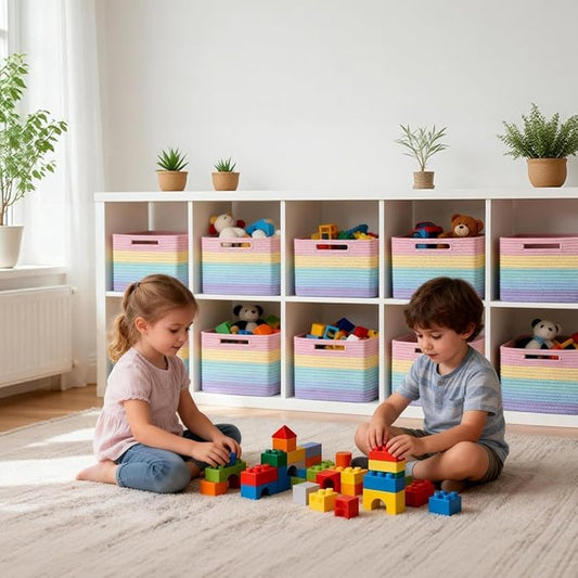 Yilobi 5 Pack Rainbow Woven Storage Baskets for Shelves, Decorative Toy Baskets Organizer for Kids Room, Nursery, Playroom, Classroom – Colorful Cotton Rope Toy Storage Bins for Organizing & Decor