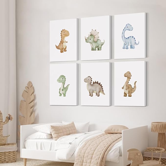 Dinosaur Nursery Wall Art Kids Canvas Poster Boys Room Wall Decor Watercolor Dino Wall Art Toddler Baby Pictures Dinosaur Prints Nursery Artwork for Boys Room Bedroom 12x16x6 Inch Ready to Hang