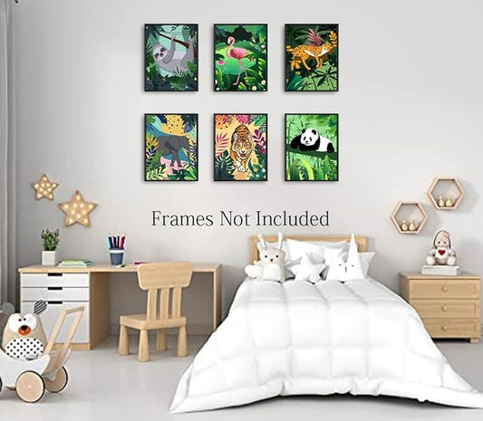 Jungle Safari Animal Wall Art Prints Poster,Tropical Nordic Safari Animal Wall Art,leopard Tiger Flamingo Tiger Palm Botanical Leaves Canvas Prints for Living Room Bedroom children's room decor,Set of