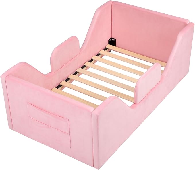 Toddler Floor Bed with Removable Safety Rails and Storage Bag, Kids Bed for Girl and Boys, Standard Crib Size, Safety Upholstered Child Beds, Low to Floor Design