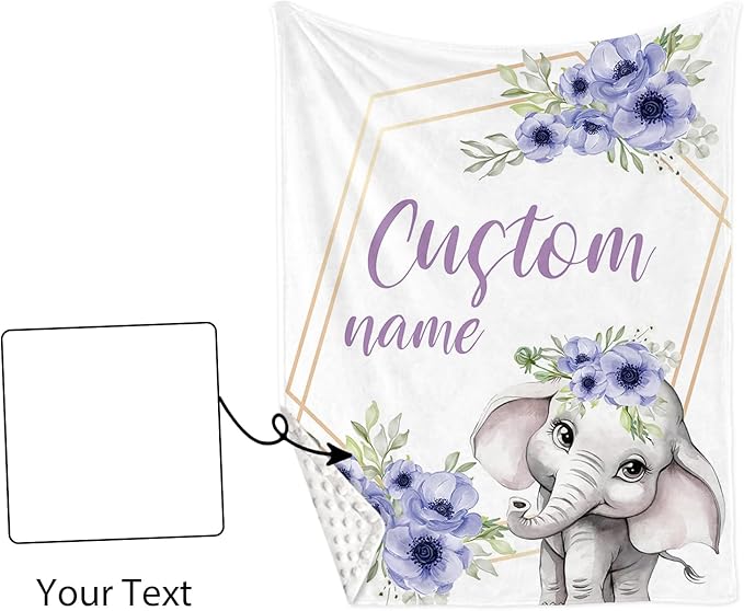 Custom Name Crib Bedding Set 3-Piece – Purple Flower Elephant Design Baby Bedding Set with Personalized Soft Blanket, Fitted Sheet, Changing Pad Cover – Ideal Newborn Gift for Boys and Girls