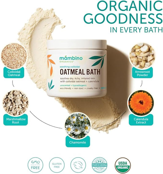 Mambino Organics Soothing Colloidal Oatmeal Bath Soak Powder, for Newborn, Kids, Moms with Dry, Sensitive Skin, Unscented Baby Wash with Calendula for Baby Bath, Vegan, Non-GMO, 6oz