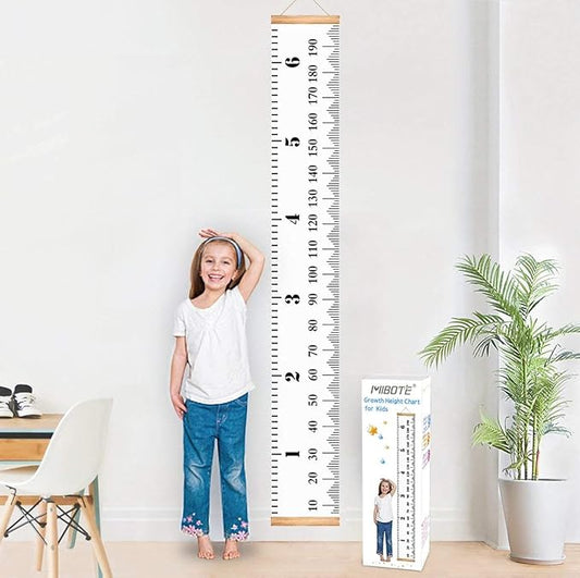 Mibote Baby Growth Height Chart Handing Ruler Wall Decor for Kids, Canvas Removable Height Growth Chart 79" x 7.9" (Black & White)
