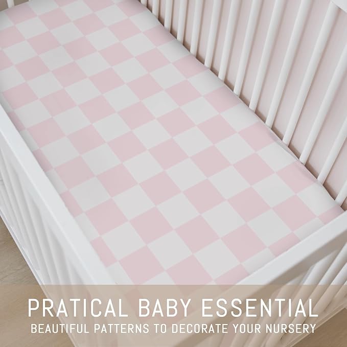 Pink and White Checkered Baby Crib Sheets for Girls Gingham Plaid Checkerboard Soft Snug Fitted Crib Mattress Covers for 52''x28'' Standard Crib & Toddler Mattress Pink Checks Nursery Bed Sheets