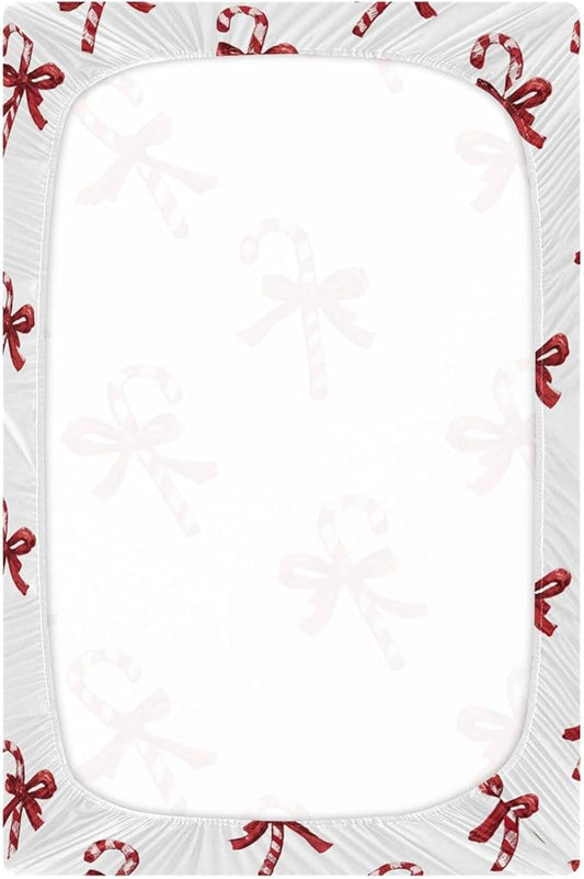 Christmas Bows Candy Cane Crib Sheets Soft Breathable Fitted Baby Crib Sheets Mattress Cover for Girls Boys, 52" x 28" x 9"