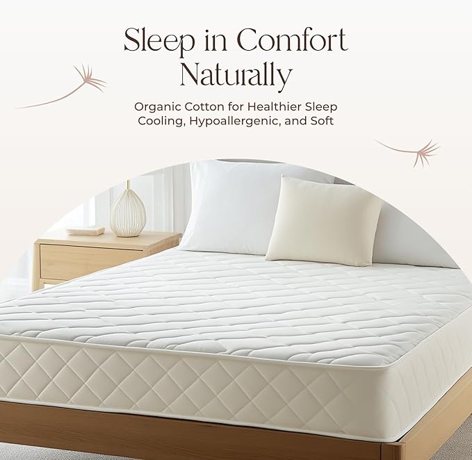 100% Cotton Organic Mattress Pad - Breathable & Cooling Mattress Protector Twin XL Size - Premium 300GSM Quilted and Noiseless Machine Washable Organic Mattress Protector (White, Twin XL)