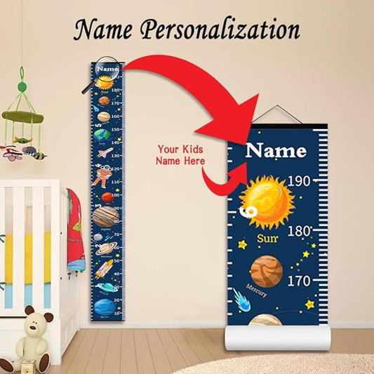 Personalized Growth Chart for Kids, Baby Height Chart with Custom Name, 77"x7.9" Canvas and Black Wood Height Measuring Rulers for Boys Girls Removable Wall Ruler Hanging for Nursery Decor - Planets