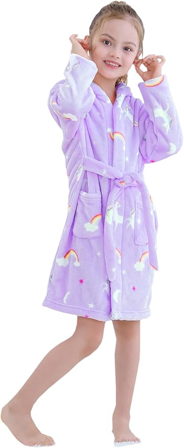 Umeyda Girls Fleece Hooded Robes, Warm Printed Bath Robe for Kids Soft Fuzzy Bathrobe for Gifts