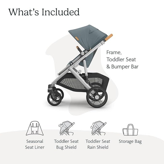 UPPAbaby Vista V3 Stroller - Full-Size Single-to-Double Stroller System - Toddler Seat, Bug Shield, Rain Shield, and Storage Bag Included - Callum (Stone Blue/Silver Frame/Sand Leather)