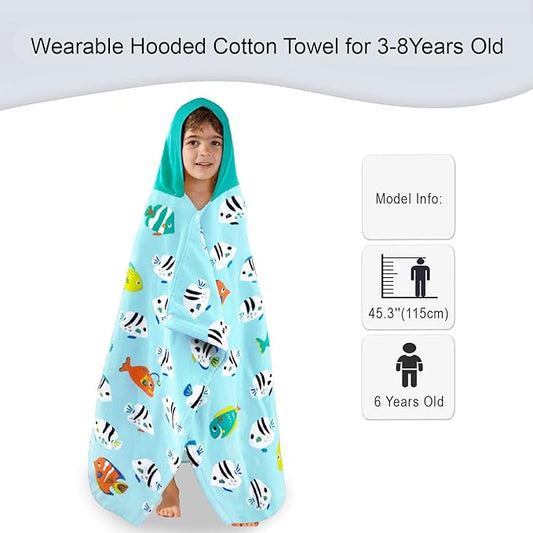 VOOVA & MOVAS Kids Beach Towels with Hood,(3-8 Years, 30''X50),Absorbent 100% Cotton Towel Wrap for Boys, Perfect for Toddler Beach, Pool, Bath, Swimming, Fish