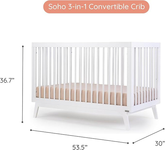 dadada Baby Soho 3-in-1 Convertible Wooden Crib to Toddler Bed - Made in Italy, GREENGUARD Gold Certified, Baby-Safe Finish, Handcrafted Beechwood, Modern Design, 3 Adjustable Heights (White)