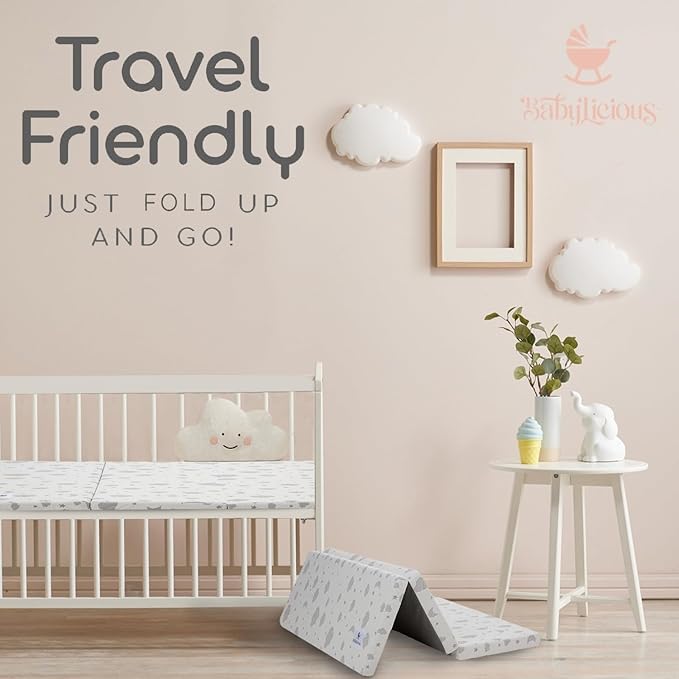Babylicious Waterproof Pack and Play Mattress Topper | 38" x 26" x 1.5" | Carry Bag Included | Trifold Style - Breathable Soft Plush Foam - Portable Mattress Topper- Baby Foam Mattresses for Babies