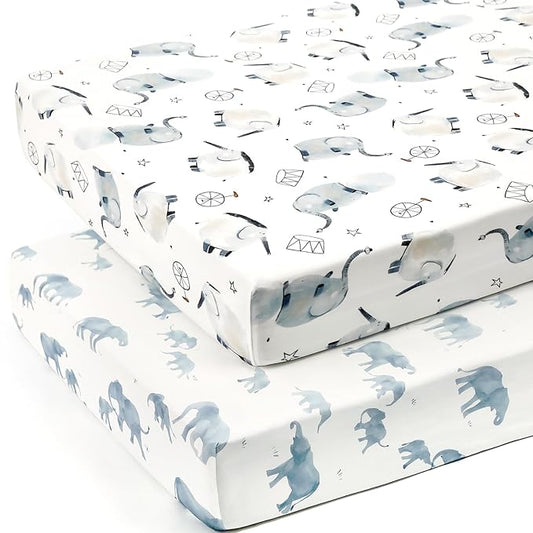 GRSSDER Stretchy Ultra Soft Jersey Knit Fitted Crib Sheets Set 2 Pack,Universal Fit All Standard Crib Mattress Pads Safe and Snug, Stylish Crib Fitted Sheet for Boys and Girls, Cute Elephant