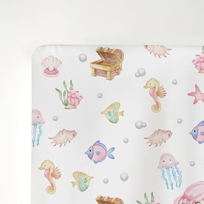 Cute Mermaids Baby Crib Sheets for Boy Girl 28"x52" Mystical Mermaids Fishes Sea Horse Jellyfish Soft Snug Fitted Crib Mattress Cover Ocean Animals Baby Sheet for Standard Crib & Toddler Bed Mattress