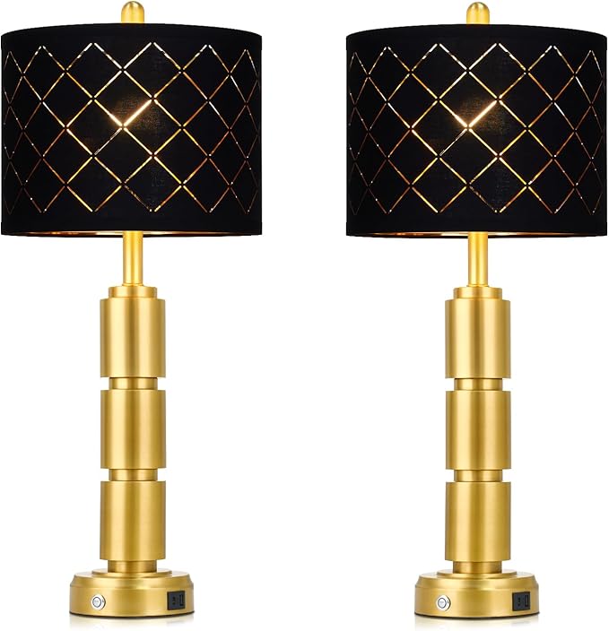 luxeflow Set of 2 Modern Table Lamps for Living Room Bedroom,29" Tall Bedside Lamp with 2 USB Port,Gold Metal Touch Nightstand Lamp with Black Grid Shade for End Table Entryway,Gold