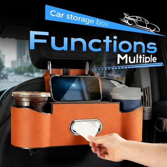 Back Seat Car Organizer with Cup Holder, 2026 New Backseat Car Organizer Back Seat, Multifunctional Car Seat Back Organizer Storage Box with Hooks & Tissue Box, for Drinks, Phone & Handbags (Orange)