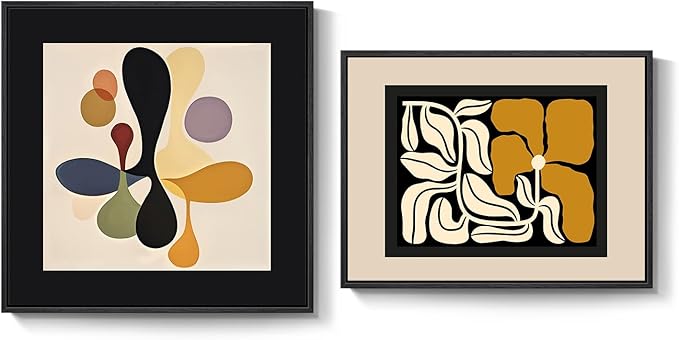 Framed Abstract Boho Bedroom Wall Art Set of 2, Neutral Black Floral Canvas Artwork for Walls, Mid Century Modern Design Art Paintings Prints for Living Room Bedroom Hallway Kitchen, 24x24 & 24x18 In