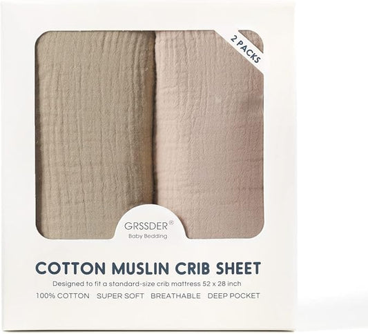 GRSSDER Soft Muslin Crib Sheet 2 Pack, 100% Cotton Crib Sheets for Boys and Girls, Fit Standard Crib Mattresses 52" x 28" Safe and Snug, Natural/Taupe