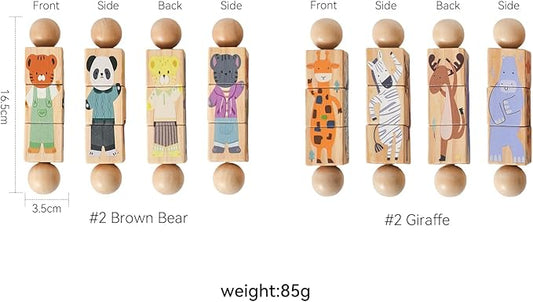 Promise Babe Wooden Animal Puzzle Toy for Toddlers 1-3, Rotating Spin Twist Blocks Set of 2, Learning Educational Montessori Toy Gifts for Kids Boys Girls, Giraffe & Brown Bear