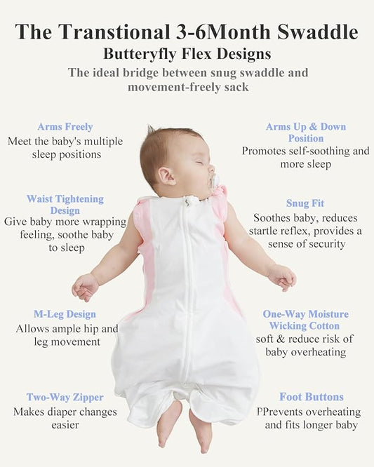 Transition Baby Swaddle 3-6 Months 12-18 lb, Arms In/Out Swaddle Sleep Sack with 2-Way Zipper Moisture-Wicking Fabric, Improves Sleep Snug Fit Helps Calm Startle Reflex,1Pack,Pink