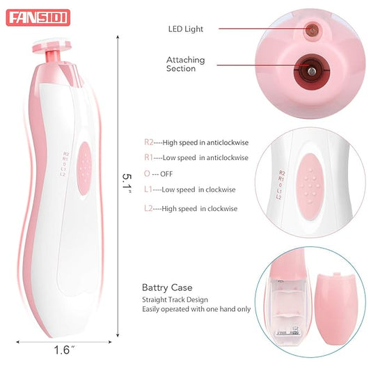 Baby Nail Trimmer Electric, FANSIDI Baby Nail File Infant Nail Clippers with 10 Grinding Pads 8 Sandpapers for Newborn Infant Toddler or Adults Toes Fingernails Care - AA Battery Operated (White/Pink)