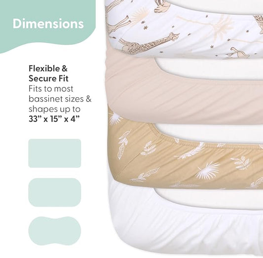 The Peanutshell Baby Organic Bassinet Sheets 4-Pack Boy or Girl - Ultra Soft & Rectangle Baby Sheet, 100% Jersey Cotton, Fitted Covers for Crib, Halo Bassinet Mattress - Caramel Safari