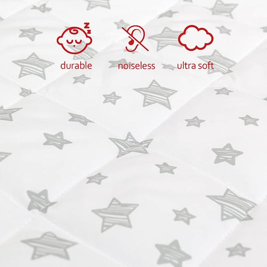 Pack and Play Sheet Quilted, Breathable Thick Playpen Lovely Print Cover 39"×27"×5" Compatible with Graco Portable Mini Cribs, Suitable for Yards and Foldable Mattress Pack and Play Pad, White Star