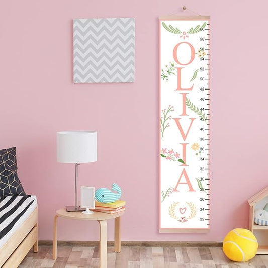 Personalized Name Kids Growth Chart Ruler Flower Dinosaur Growth Ruler Canvas Wall Ruler Oak Solar Woodland Theme Kids Height Chart Baby Wall Growth Chart with Custom Name (Flower)